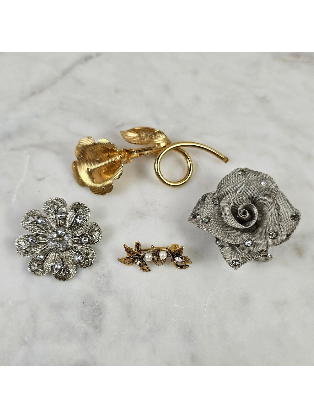 Vintage Floral Brooch Lot 4 Gold Silver Tone Rhinestone Pearl Flower Pins